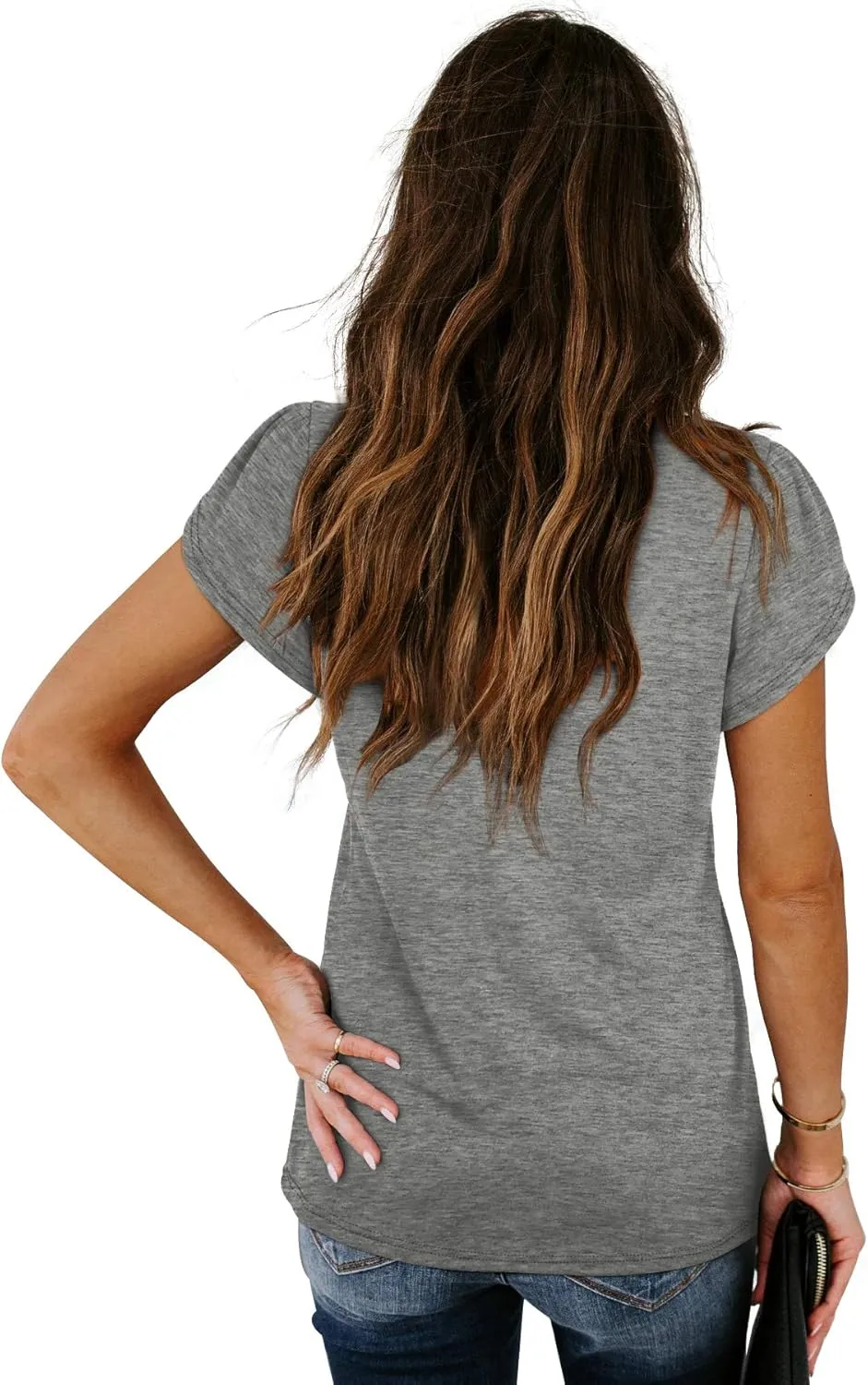 WIHOLL Womens Tops V Neck Summer Petal Sleeve Casual Tshirts