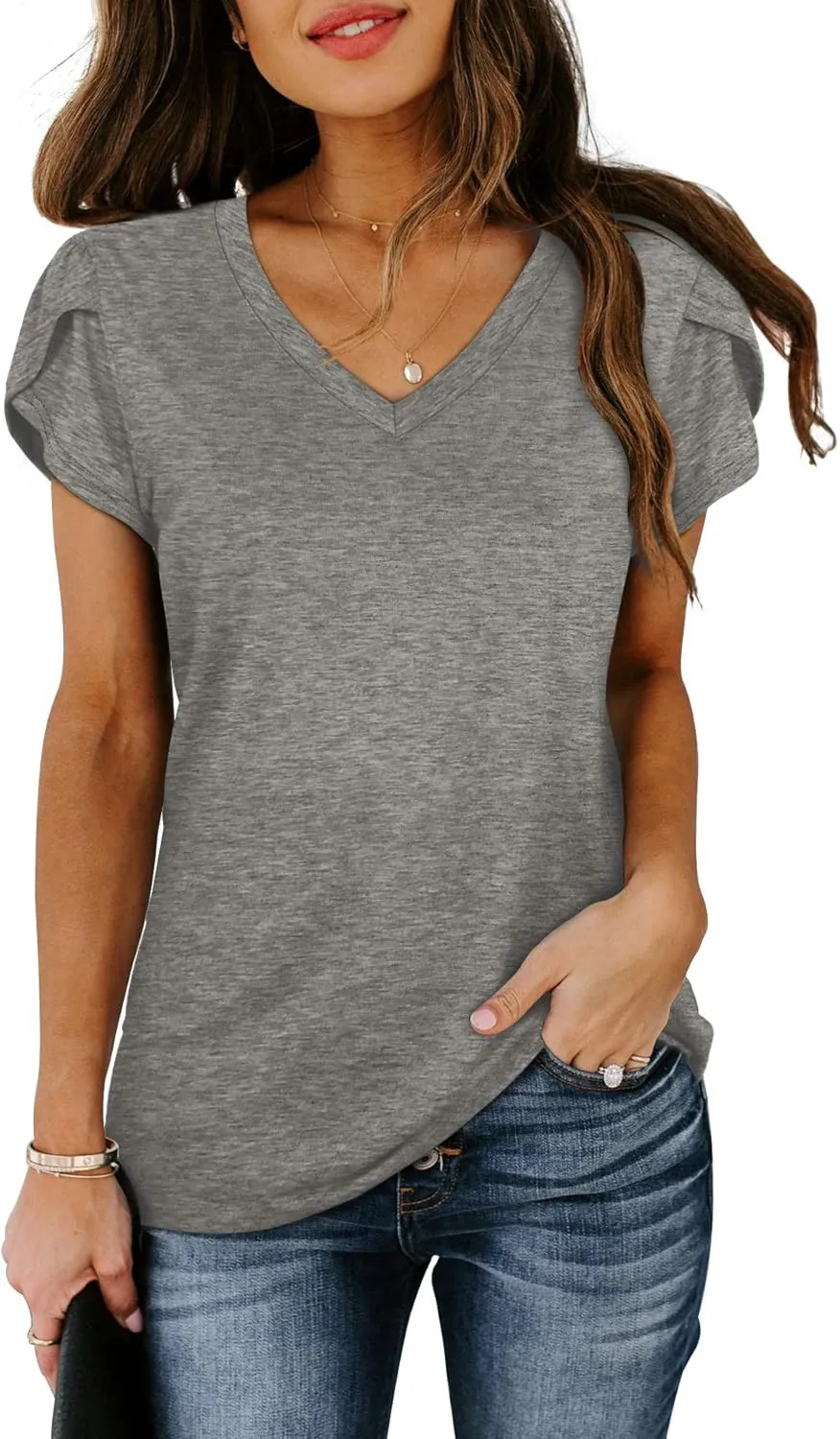 WIHOLL Womens Tops V Neck Summer Petal Sleeve Casual Tshirts