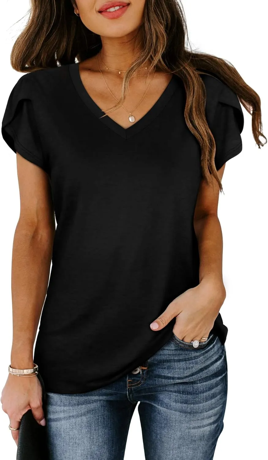 WIHOLL Womens Tops V Neck Summer Petal Sleeve Casual Tshirts