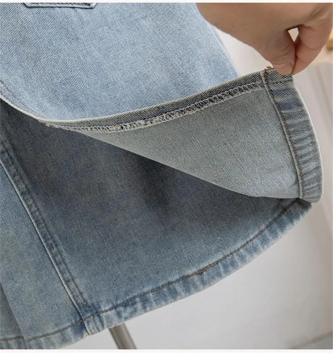 Woman Size Denim A Line Skirt with Lining Pleated Midi Jean Skirt Blue Color Skirts