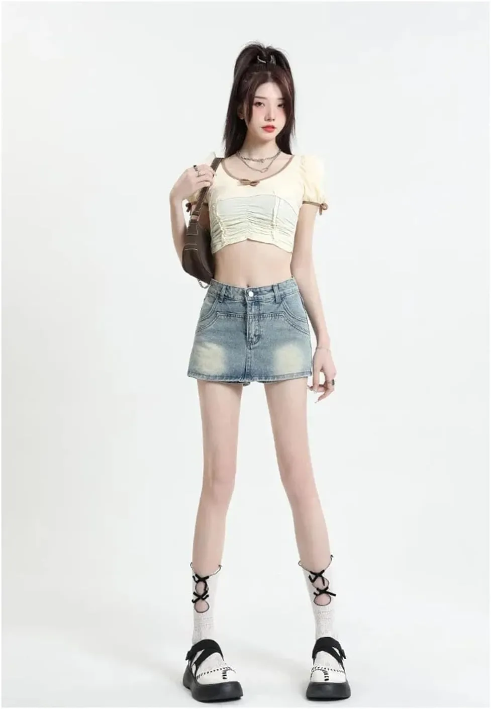 Women American Style High-Waisted Slimming Mini Dress Anti-Exposure Hip Covering Denim Skirt