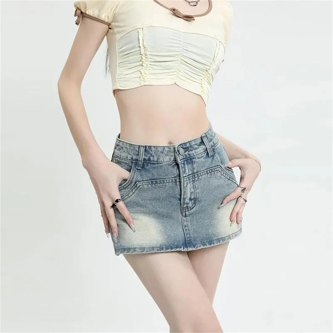 Women American Style High-Waisted Slimming Mini Dress Anti-Exposure Hip Covering Denim Skirt