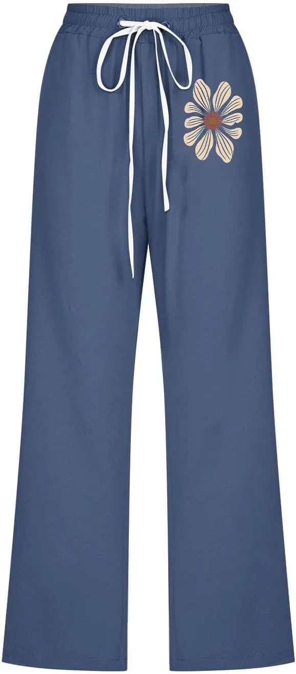 Women Cotton Linen Cropped Sweatpants, Fashion Floral Print Loose Straight Leg Pants Summer Drawstring Pockets Trousers
