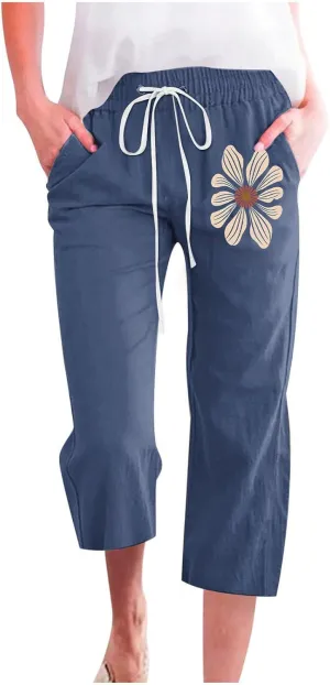 Women Cotton Linen Cropped Sweatpants, Fashion Floral Print Loose Straight Leg Pants Summer Drawstring Pockets Trousers