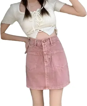 Women Denim Mini Dress Style High-Waisted Slimming Hip Covering Curvy A- Line Skirt