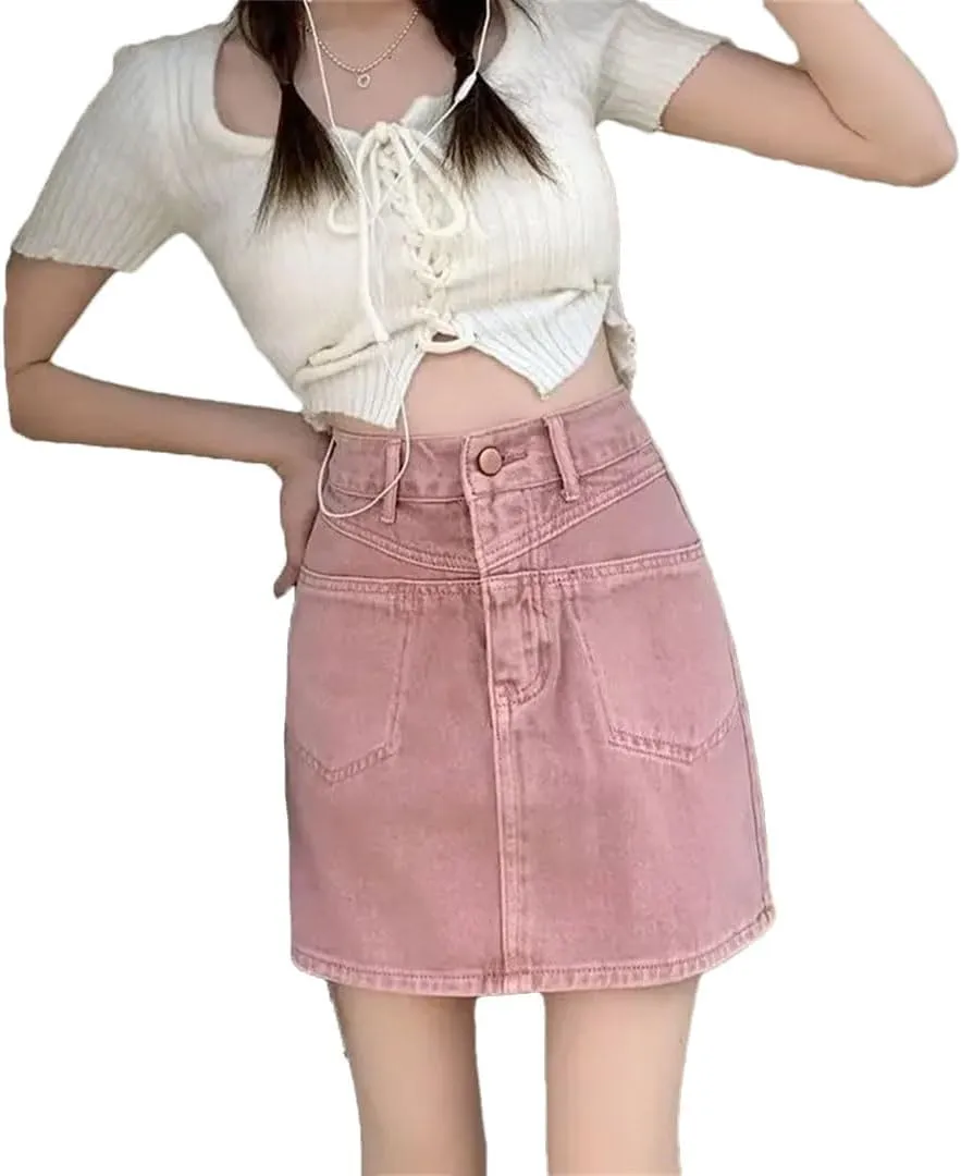 Women Denim Mini Dress Style High-Waisted Slimming Hip Covering Curvy A- Line Skirt