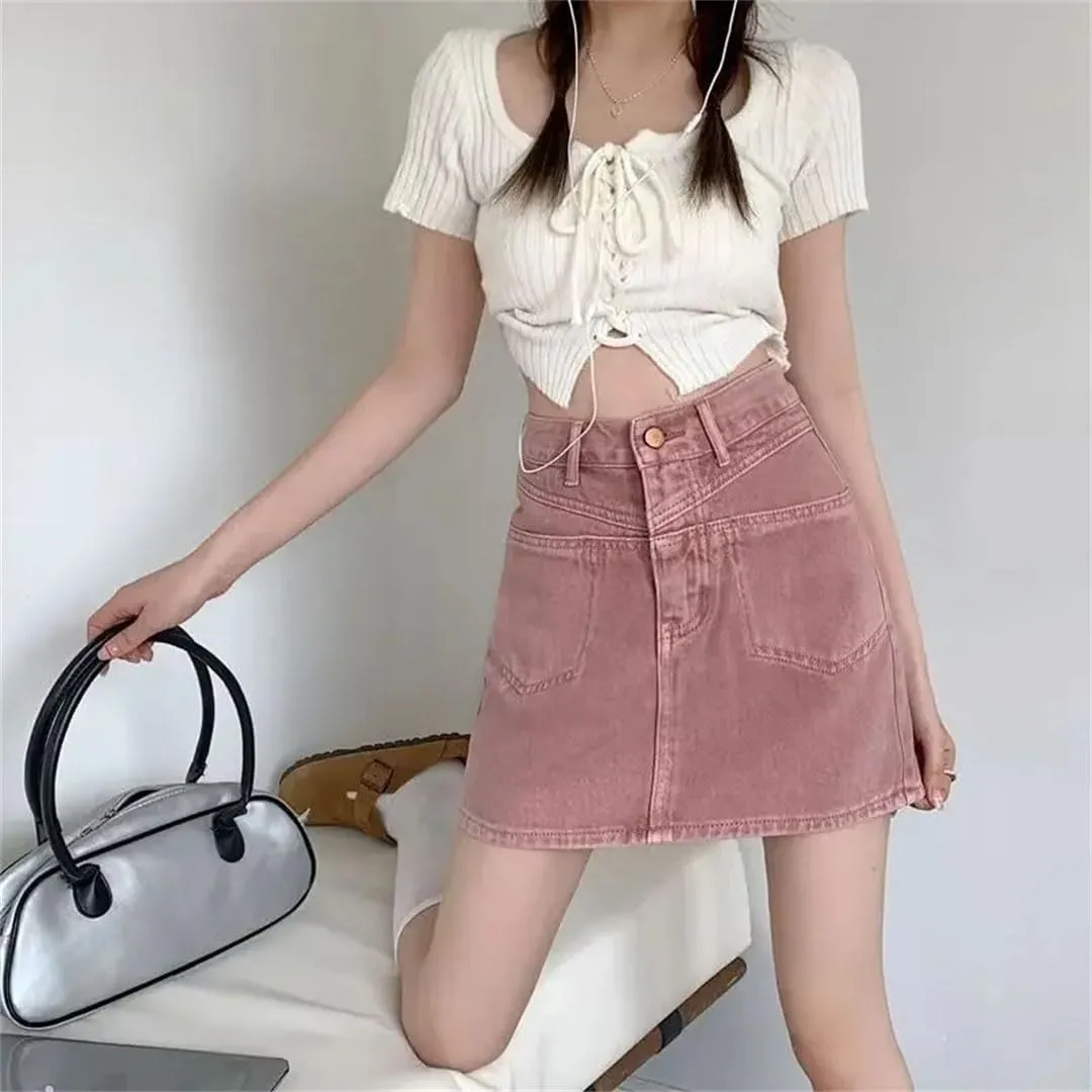 Women Denim Mini Dress Style High-Waisted Slimming Hip Covering Curvy A- Line Skirt