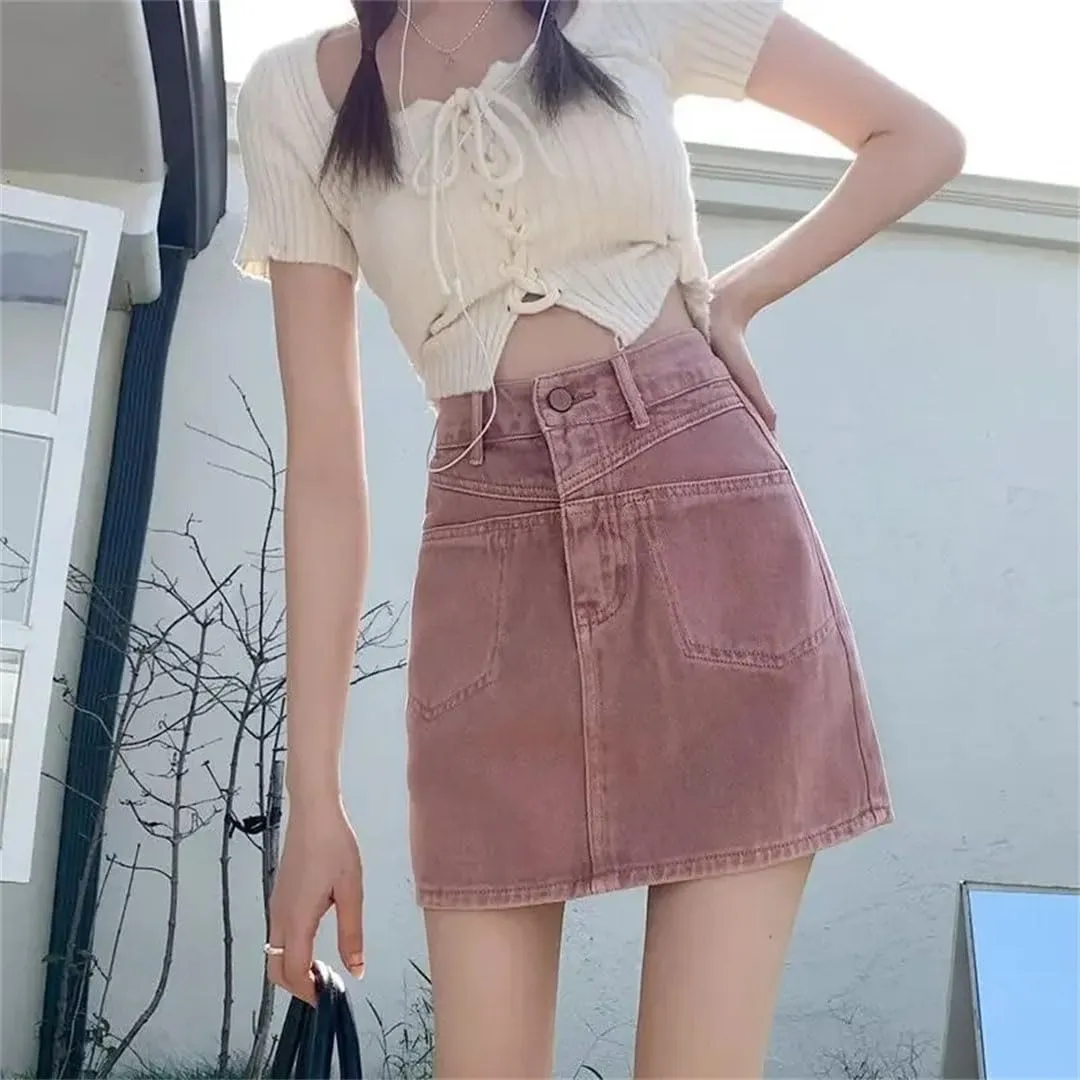 Women Denim Mini Dress Style High-Waisted Slimming Hip Covering Curvy A- Line Skirt