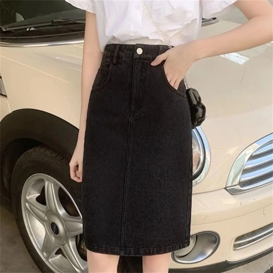 Women Denim Skirts Knee-Length Slit Vintage High Waist A-Line Slim Elegant