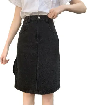 Women Denim Skirts Knee-Length Slit Vintage High Waist A-Line Slim Elegant