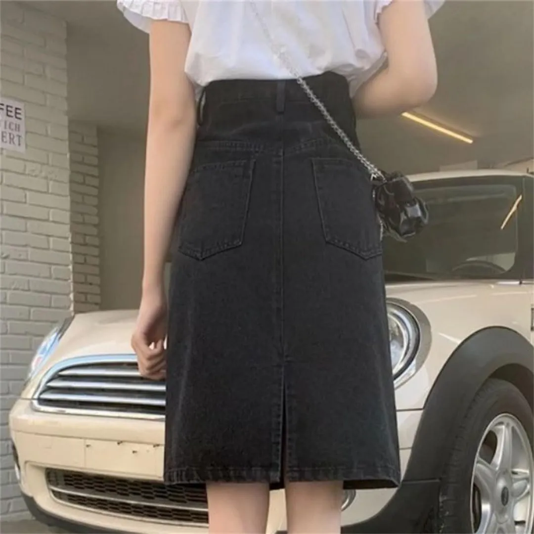 Women Denim Skirts Knee-Length Slit Vintage High Waist A-Line Slim Elegant