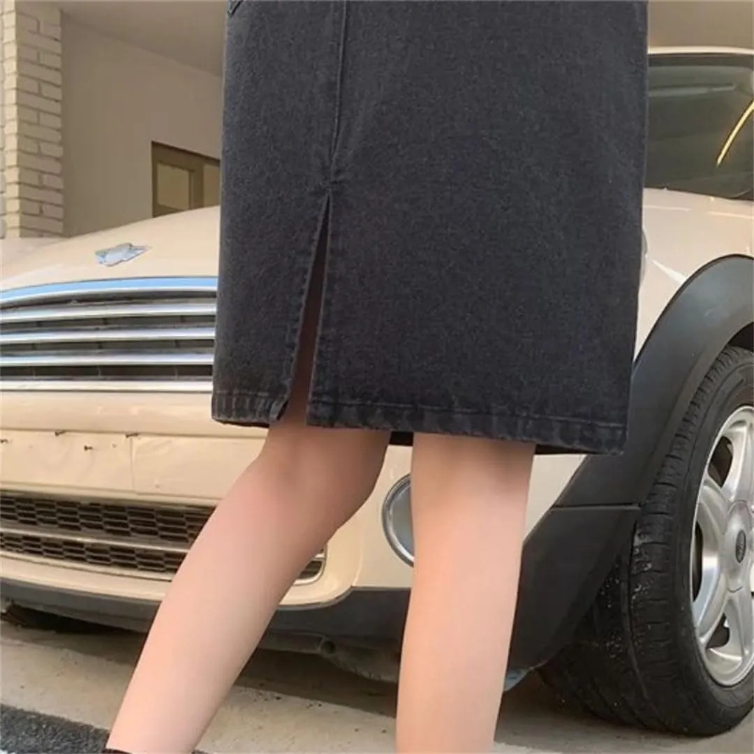 Women Denim Skirts Knee-Length Slit Vintage High Waist A-Line Slim Elegant
