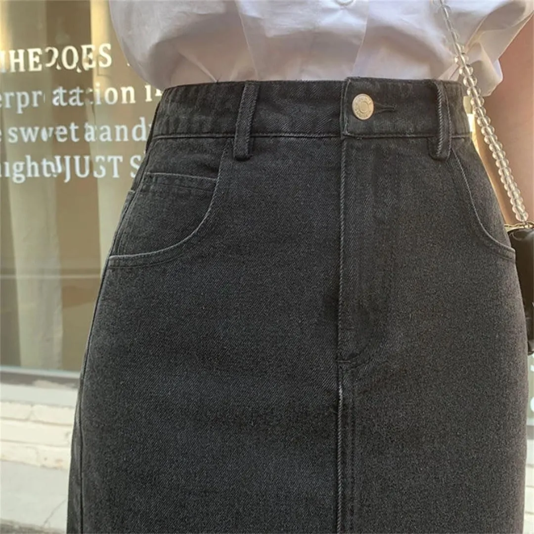 Women Denim Skirts Knee-Length Slit Vintage High Waist A-Line Slim Elegant