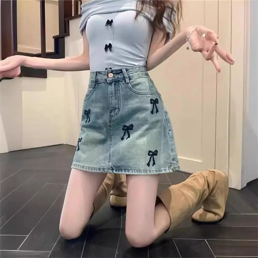 Women Embroidery Denim Skirt for High-Waisted Slimming Petite A- Line Mini Dress