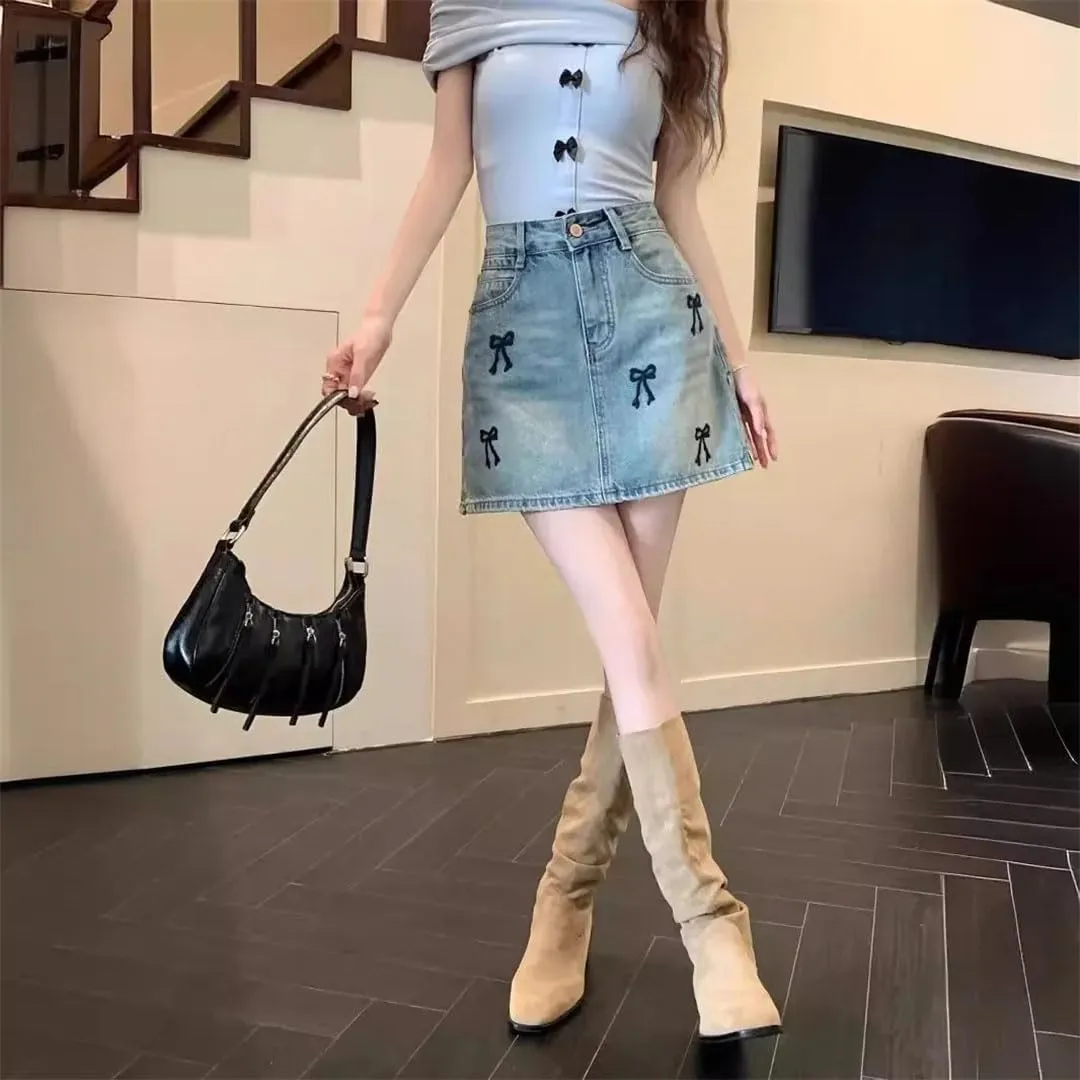 Women Embroidery Denim Skirt for High-Waisted Slimming Petite A- Line Mini Dress