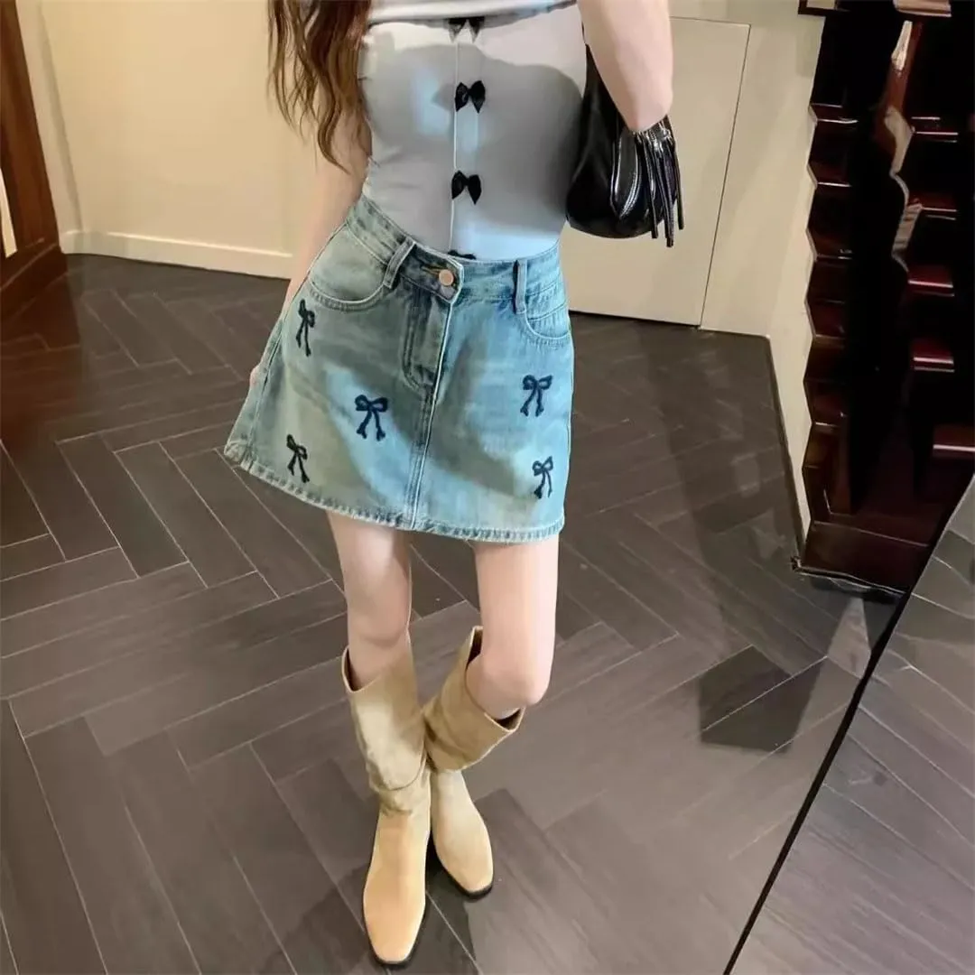 Women Embroidery Denim Skirt for High-Waisted Slimming Petite A- Line Mini Dress