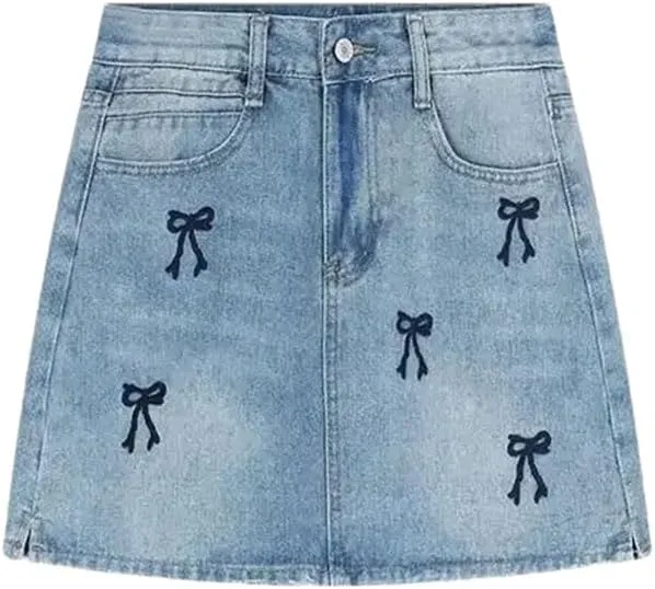 Women Embroidery Denim Skirt for High-Waisted Slimming Petite A- Line Mini Dress