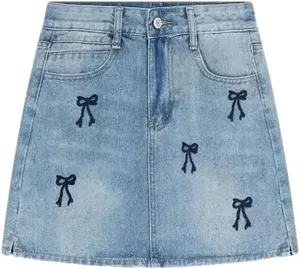 Women Embroidery Denim Skirt for High-Waisted Slimming Petite A- Line Mini Dress