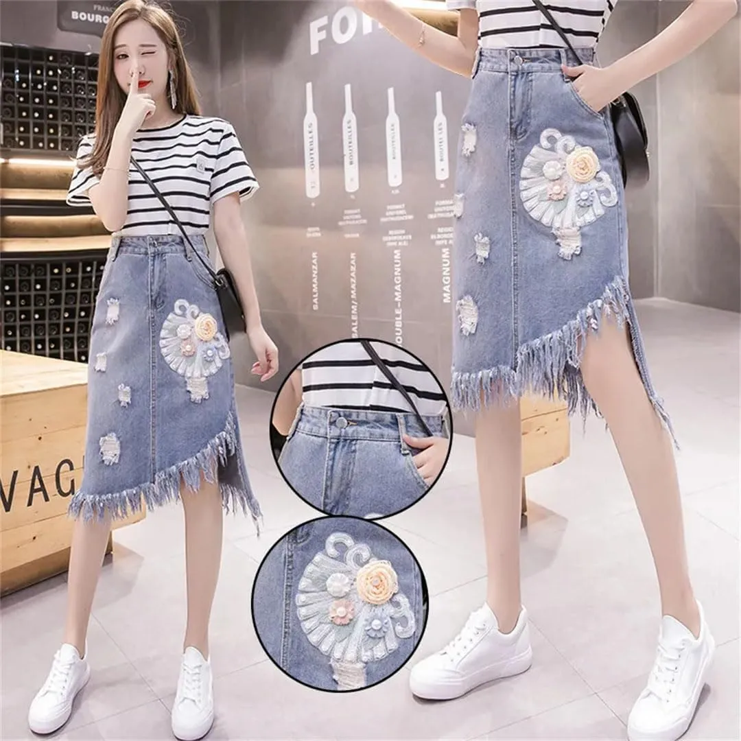 Women High Waisted Beading Denim Skirt Irregular Ripped Hole Jeans Skirts