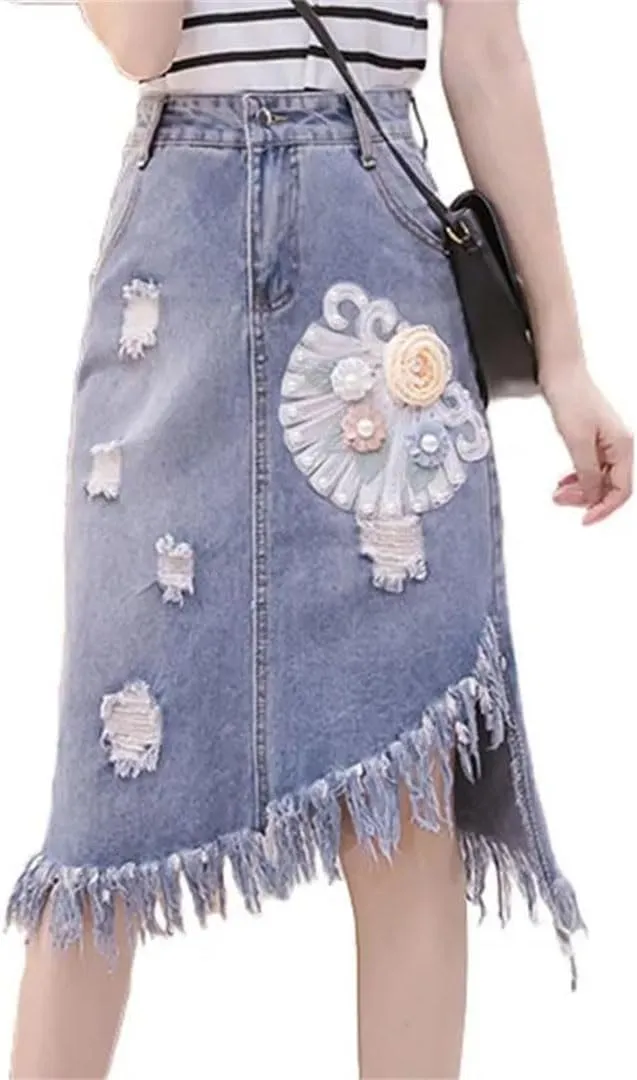 Women High Waisted Beading Denim Skirt Irregular Ripped Hole Jeans Skirts