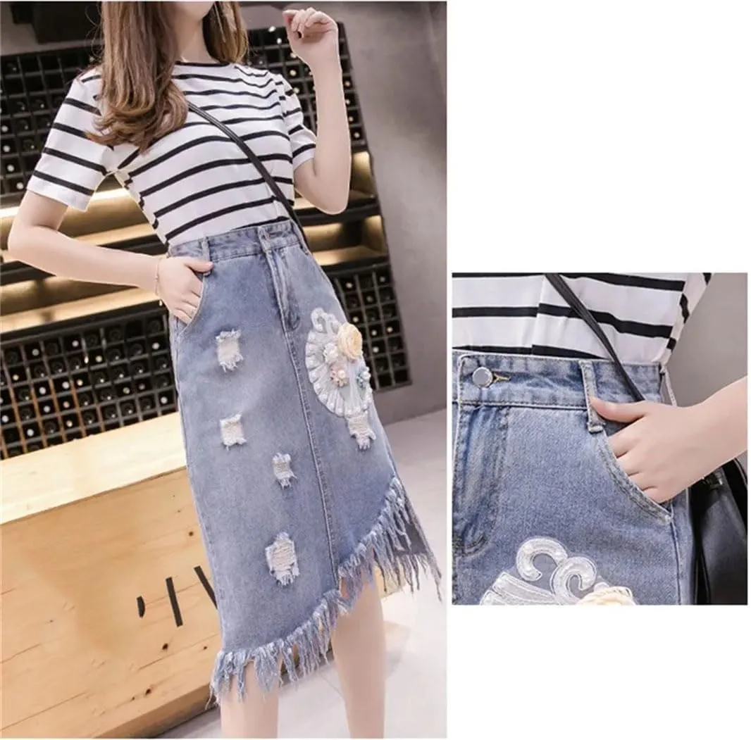 Women High Waisted Beading Denim Skirt Irregular Ripped Hole Jeans Skirts