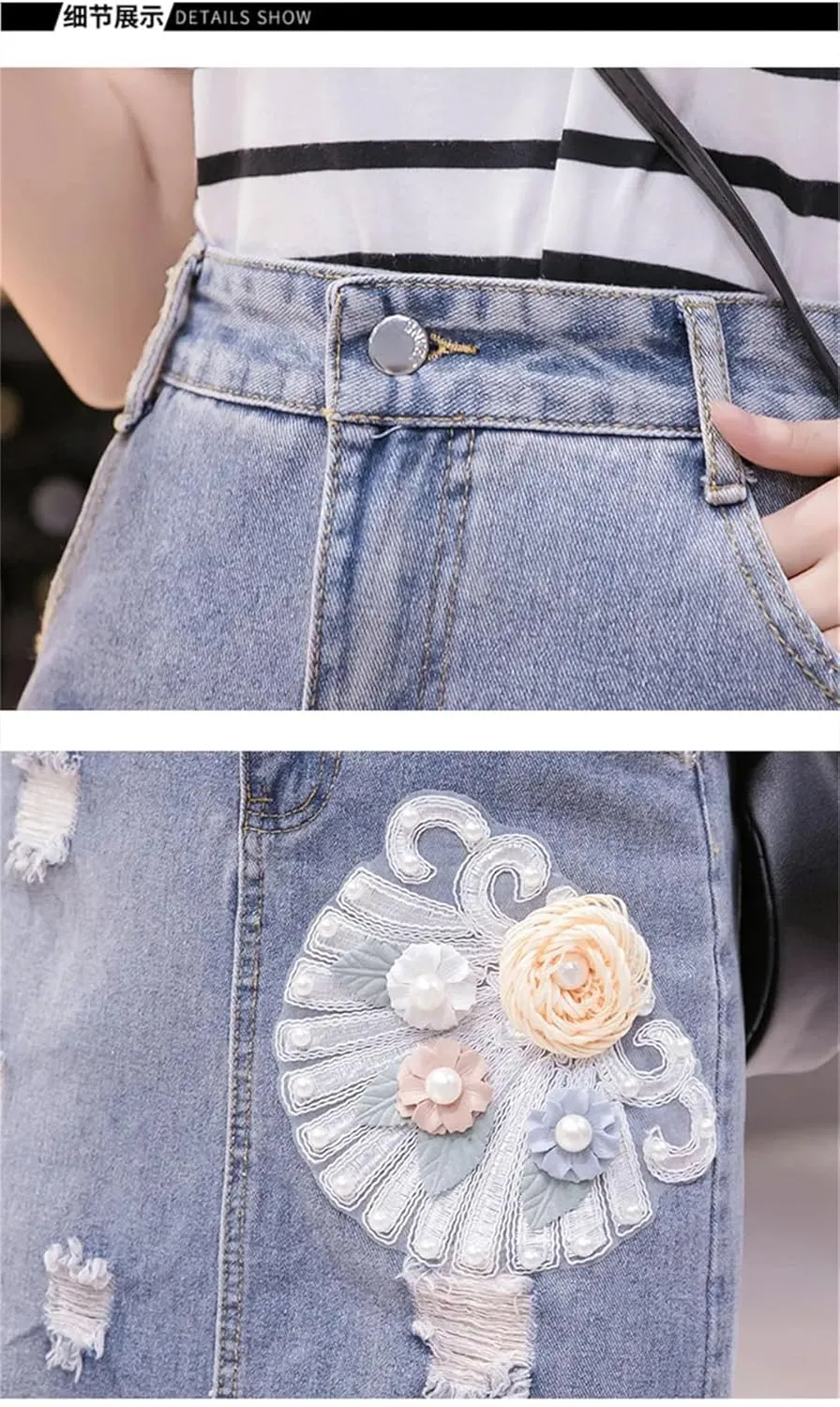 Women High Waisted Beading Denim Skirt Irregular Ripped Hole Jeans Skirts