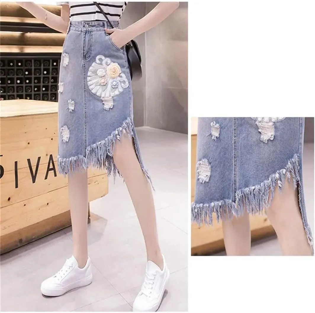 Women High Waisted Beading Denim Skirt Irregular Ripped Hole Jeans Skirts
