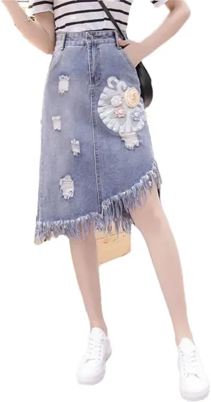 Women High Waisted Beading Denim Skirt Irregular Ripped Hole Jeans Skirts
