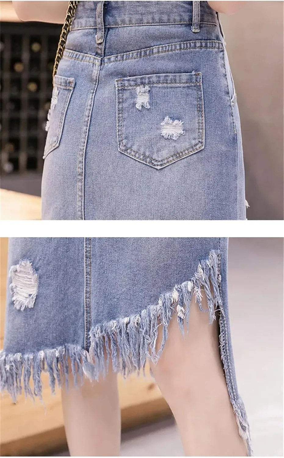Women High Waisted Beading Denim Skirt Irregular Ripped Hole Jeans Skirts