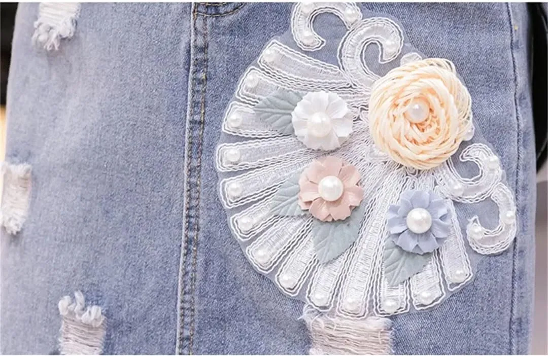 Women High Waisted Beading Denim Skirt Irregular Ripped Hole Jeans Skirts