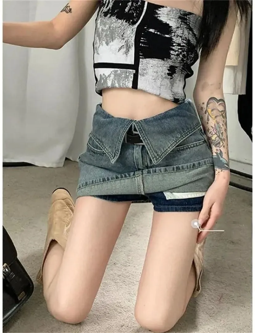 Women High-Waisted Denim Mini Dress with Reversible Hemline Sexy Outfit Pants Skirt