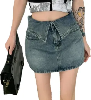 Women High-Waisted Denim Mini Dress with Reversible Hemline Sexy Outfit Pants Skirt