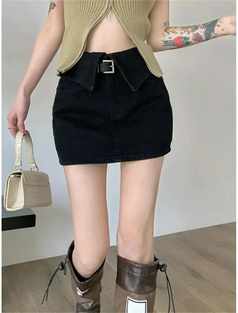 Women High-Waisted Denim Mini Dress with Reversible Hemline Sexy Outfit Pants Skirt