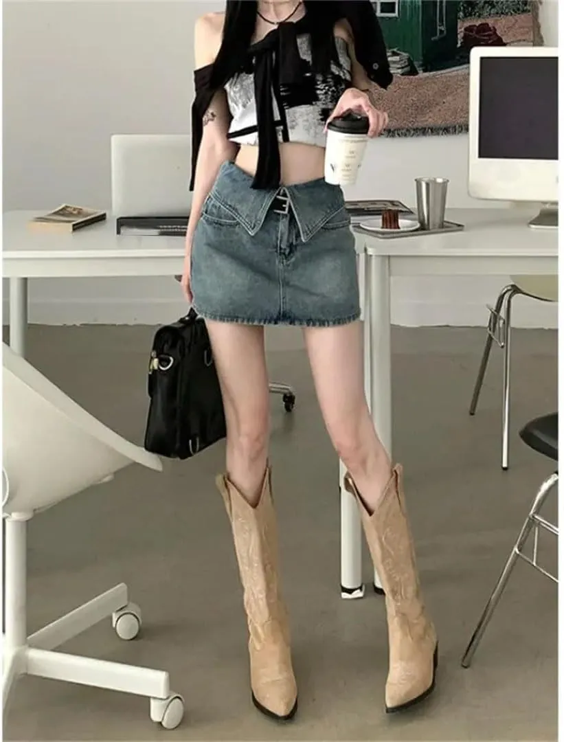 Women High-Waisted Denim Mini Dress with Reversible Hemline Sexy Outfit Pants Skirt