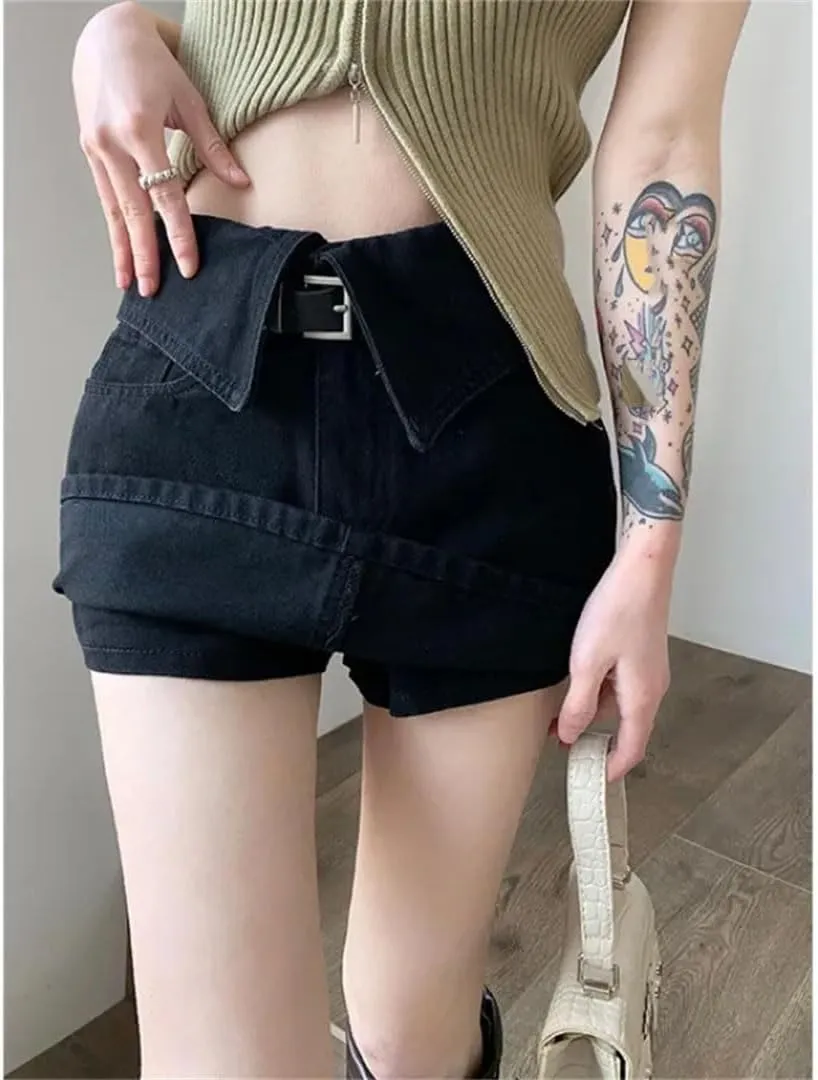 Women High-Waisted Denim Mini Dress with Reversible Hemline Sexy Outfit Pants Skirt