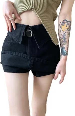 Women High-Waisted Denim Mini Dress with Reversible Hemline Sexy Outfit Pants Skirt