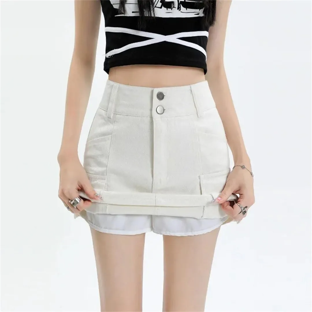Women High-Waisted Double-Buttoned Denim Mini Dress Style Anti-Exposure Slimming Hip Covering Skirt