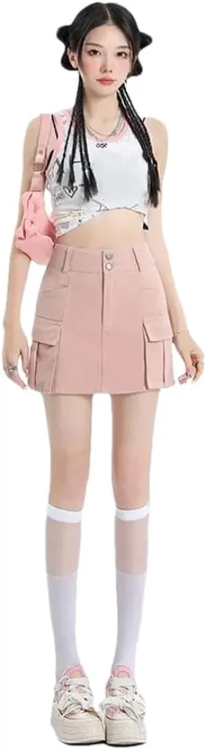 Women High-Waisted Double-Buttoned Denim Mini Dress Style Anti-Exposure Slimming Hip Covering Skirt
