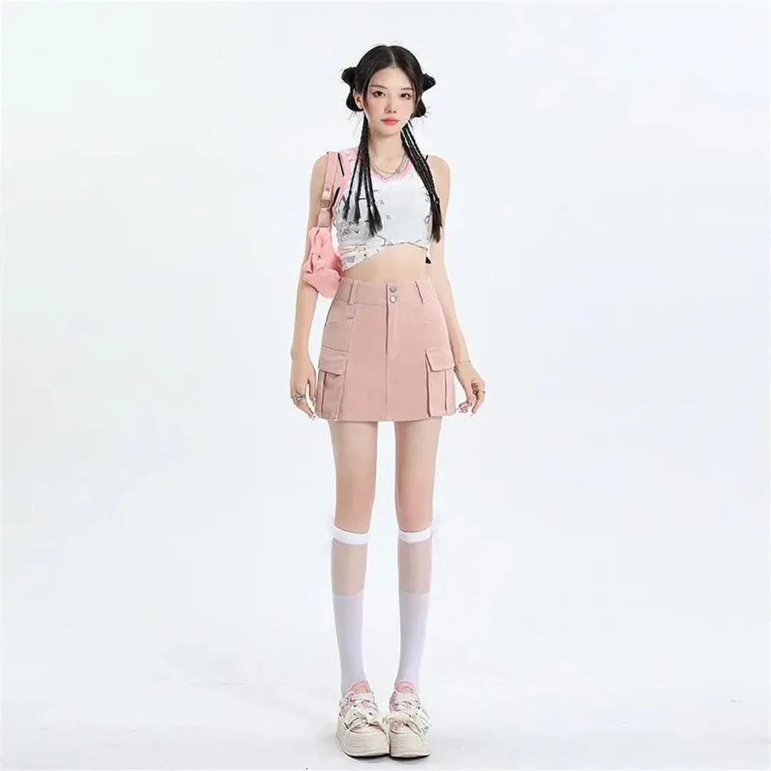 Women High-Waisted Double-Buttoned Denim Mini Dress Style Anti-Exposure Slimming Hip Covering Skirt