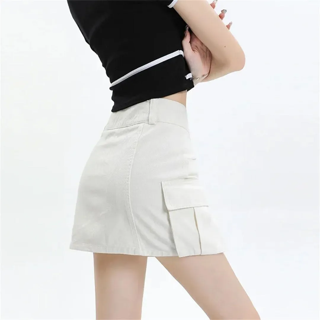 Women High-Waisted Double-Buttoned Denim Mini Dress Style Anti-Exposure Slimming Hip Covering Skirt
