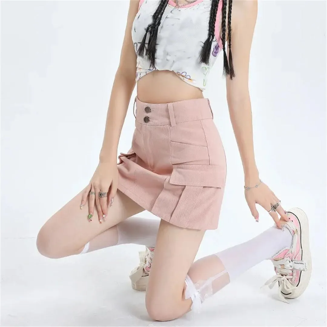 Women High-Waisted Double-Buttoned Denim Mini Dress Style Anti-Exposure Slimming Hip Covering Skirt