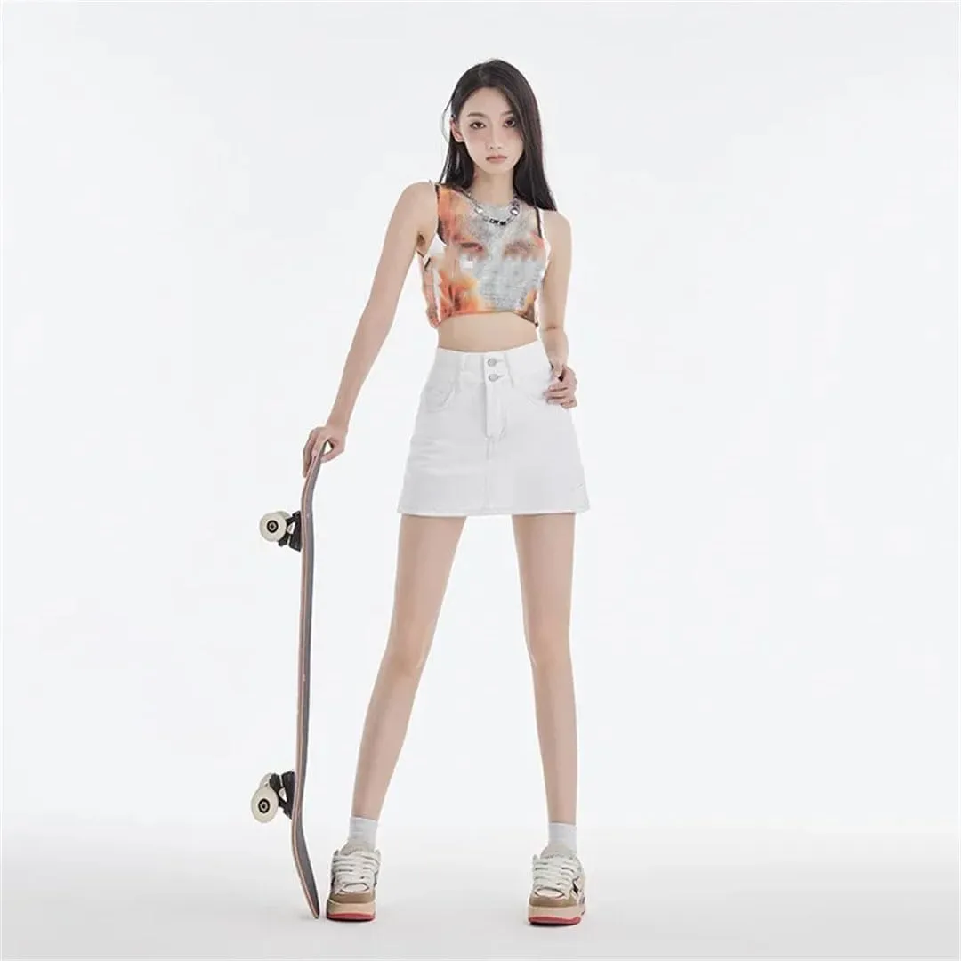 Women High-Waisted Double-Buttoned Denim Skirt Slimming A- Line Mini Dress