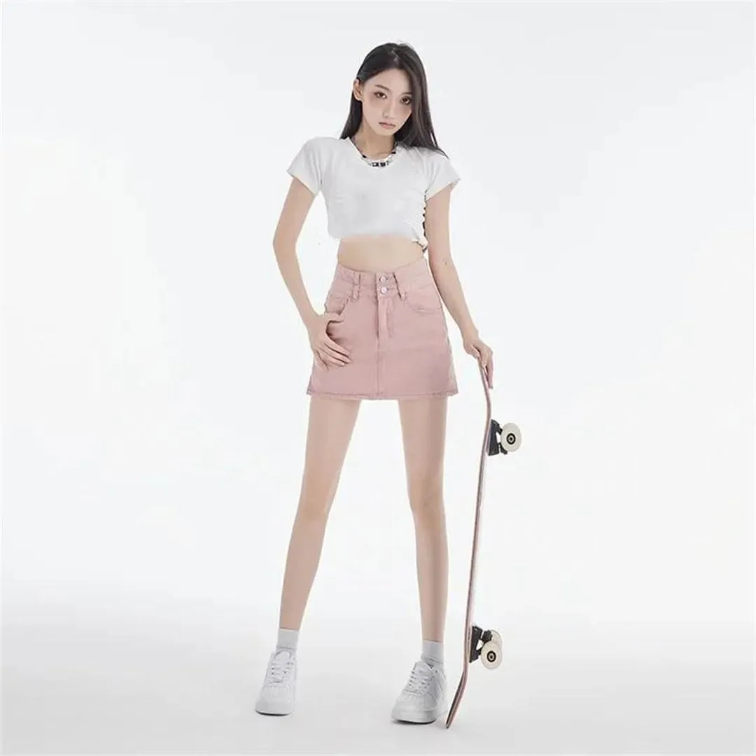 Women High-Waisted Double-Buttoned Denim Skirt Slimming A- Line Mini Dress