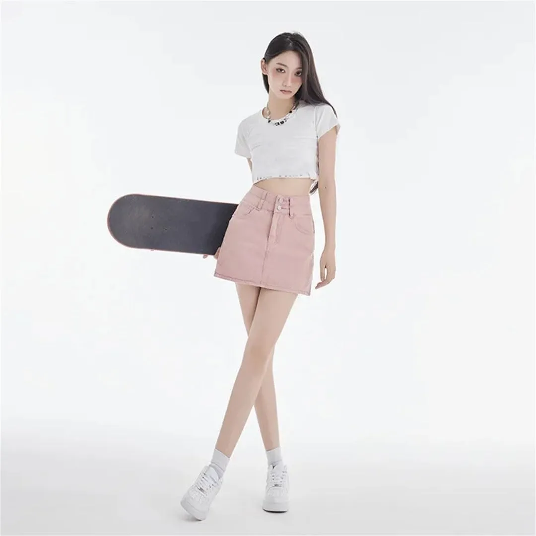 Women High-Waisted Double-Buttoned Denim Skirt Slimming A- Line Mini Dress