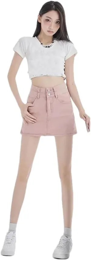 Women High-Waisted Double-Buttoned Denim Skirt Slimming A- Line Mini Dress