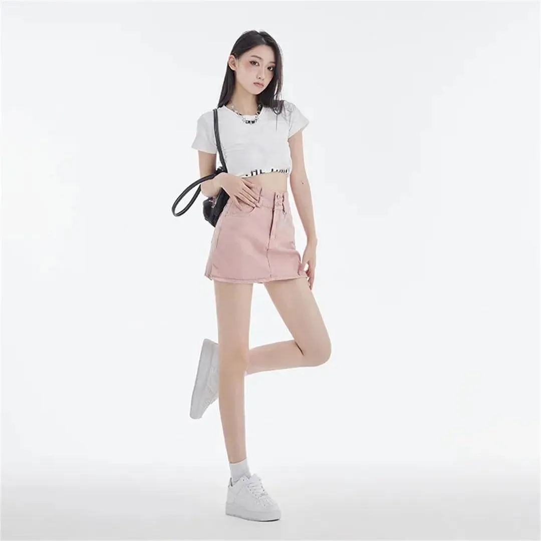 Women High-Waisted Double-Buttoned Denim Skirt Slimming A- Line Mini Dress