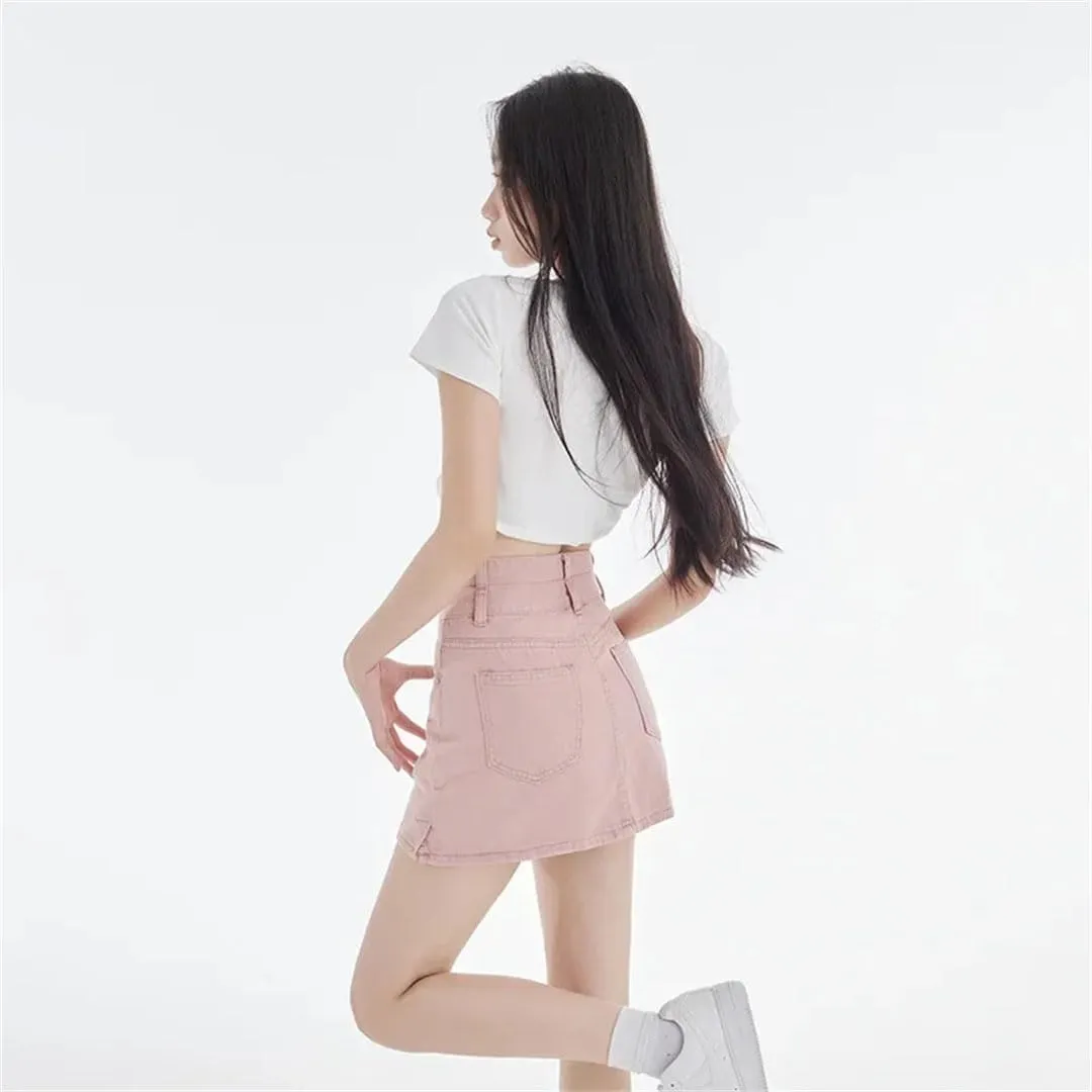 Women High-Waisted Double-Buttoned Denim Skirt Slimming A- Line Mini Dress