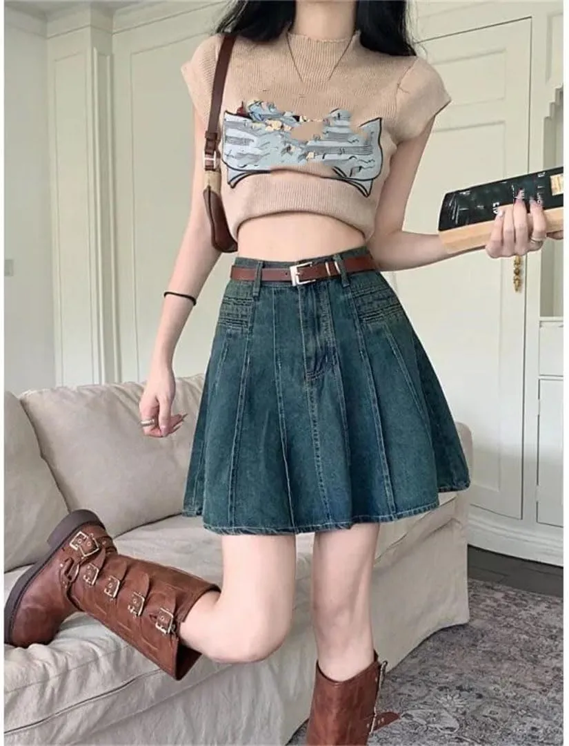 Women High-Waisted Mini Dress Printed Denim Skirt