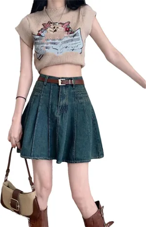 Women High-Waisted Mini Dress Printed Denim Skirt