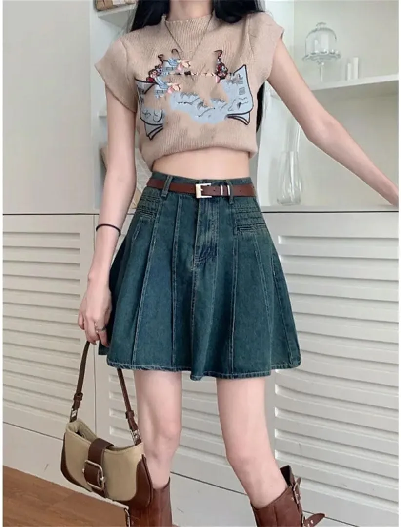 Women High-Waisted Mini Dress Printed Denim Skirt